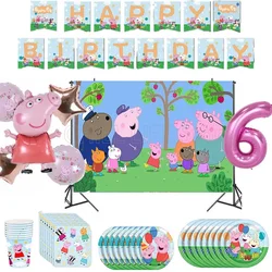 Peppa domuz doğum günü partisi malzemeleri karikatür balonlar kağıt tabaklar peçeteler afişler tek kullanımlık sofra parti DIY süslemeleri