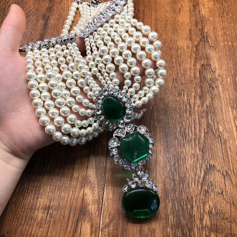 Green color treasure pearl tassel necklace multi-layer braided clavicle chain retro palace style high-quality accessories