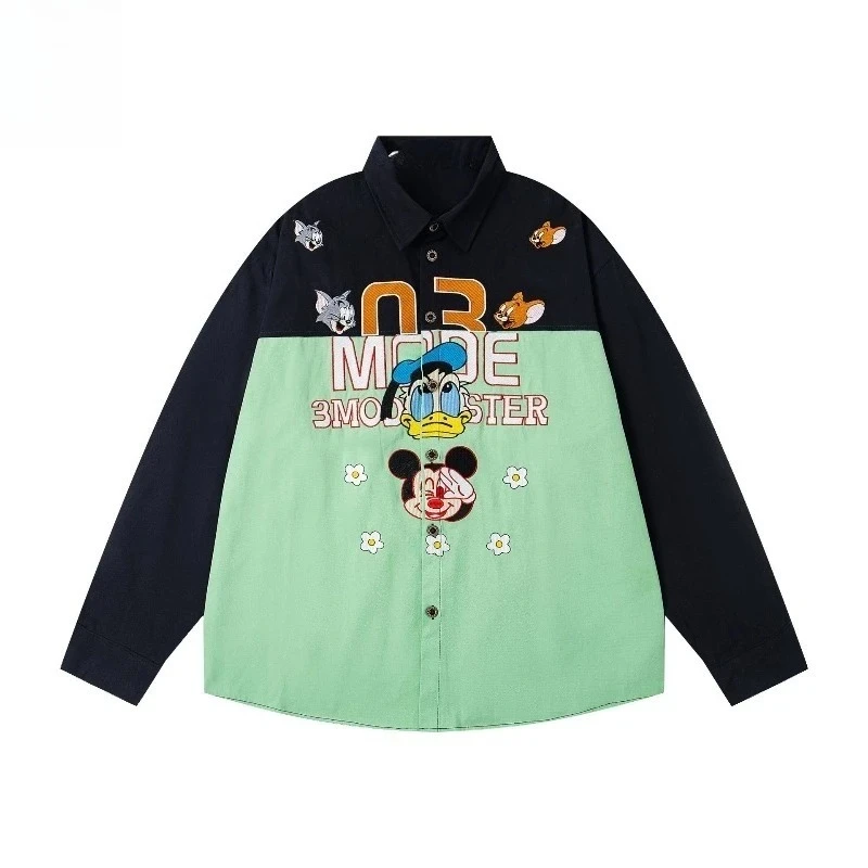 

2025 New American Retro Color Block Cartoon Embroidery Shirt Unisex Fall Loose Casual Couple Coats