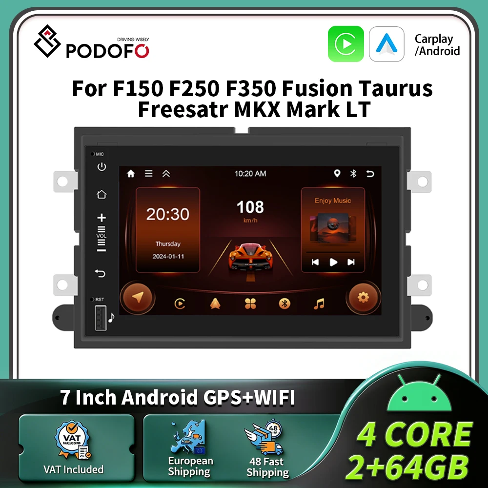 Radio Estéreo para Auto Podofo de 7 Pulgadas y 2 Din, Sistema Inteligente para Auto con Carplay y Android Auto, Reproductor Multimedia GPS, FM, BT para F150, F250, F350, Fusion, Taurus, Freesatr, MKX, Mark LT