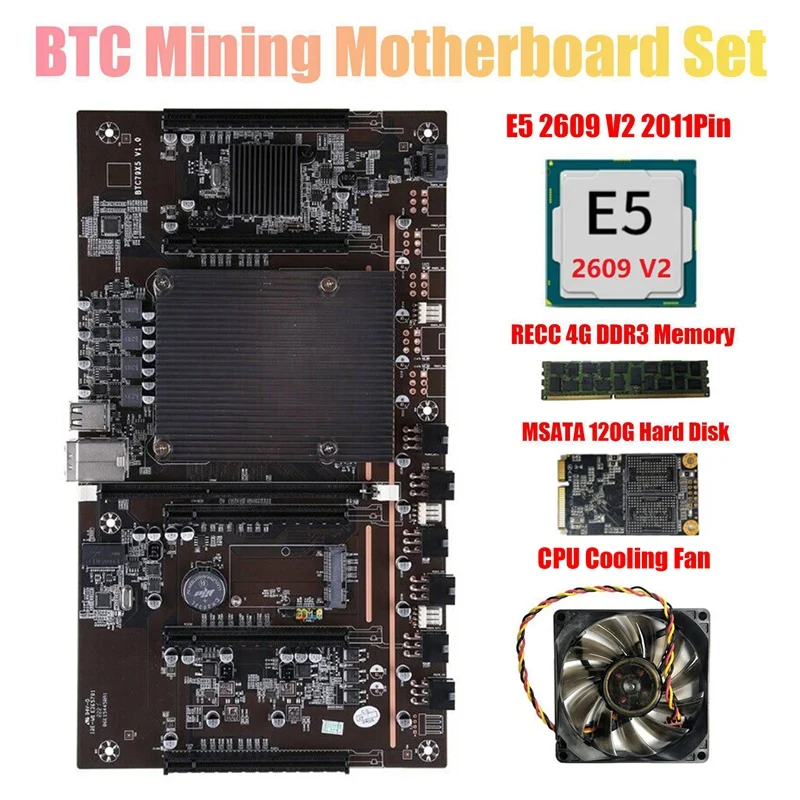 

X79 H61 BTC Mining Motherboard 5X PCI-E Support 3060 3070 3080 GPU With E5 2609 V2 CPU RECC 4GB DDR3 Memory 120G SSD+Fan