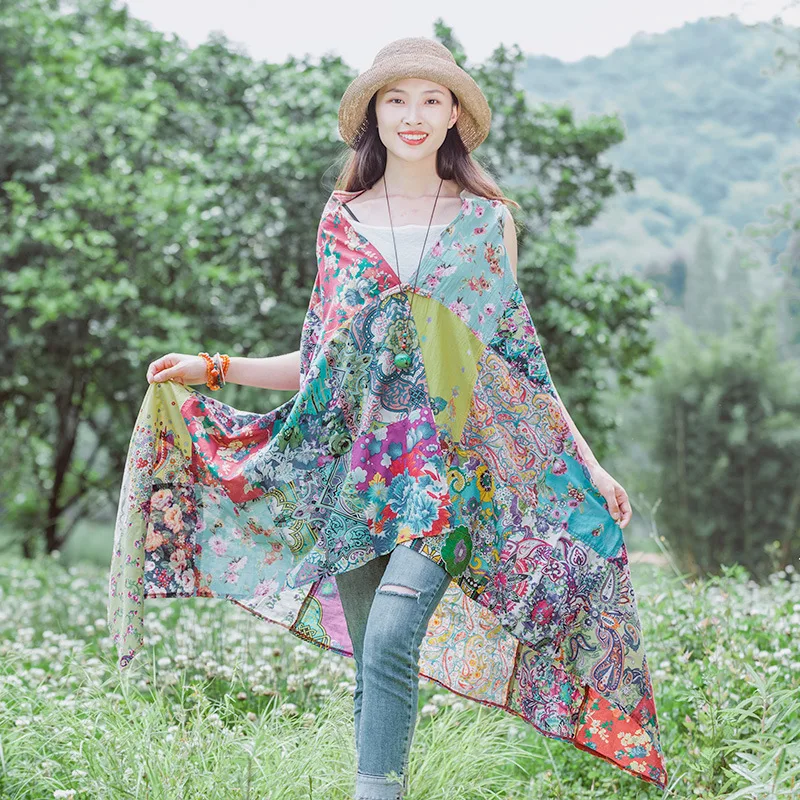 Summer Women's Clothing Bohemian Patchwork Shawl Holiday Style Cotton Printing Beach Long Outside