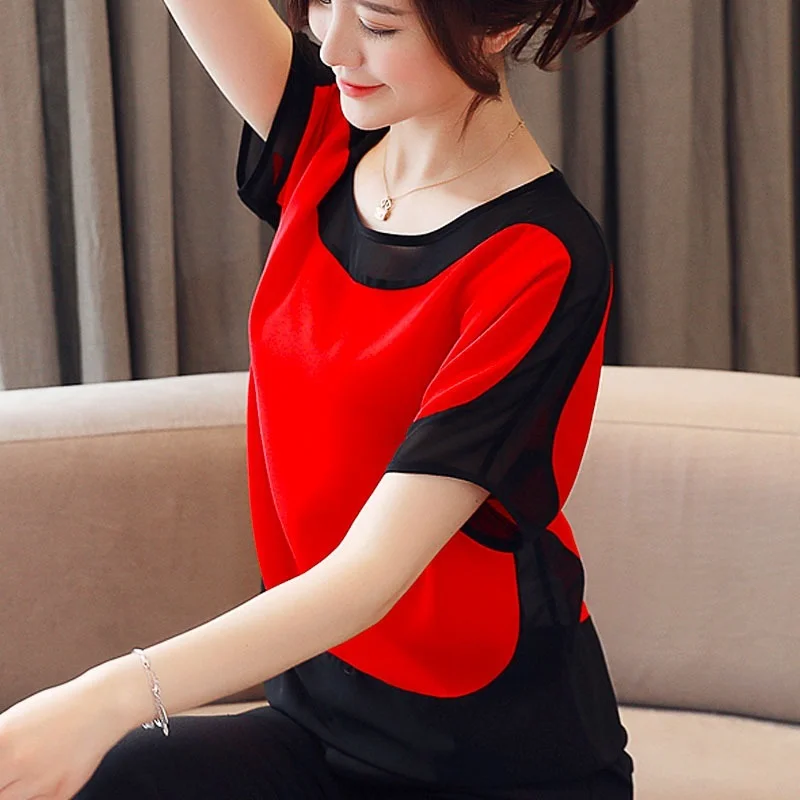 2026 Fashion New Women O-neck Patchwork Shirt Short Sleeve Casual Chiffon Blouse Summer Elegant Casual Tops 5