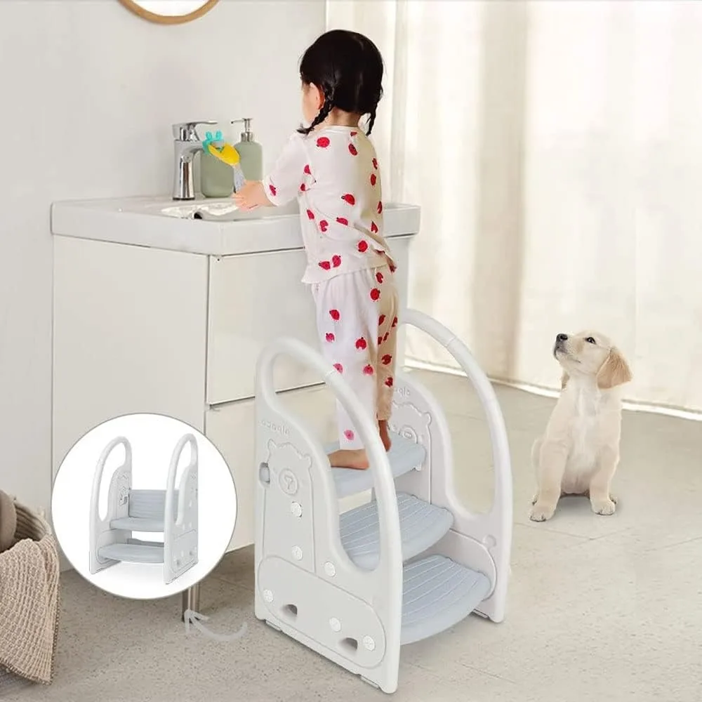 Tabouret d'aide à l'apprentissage pour enfants, pour évier de salle de bain, avec poignée et anti-ald, sous-gris et blanc