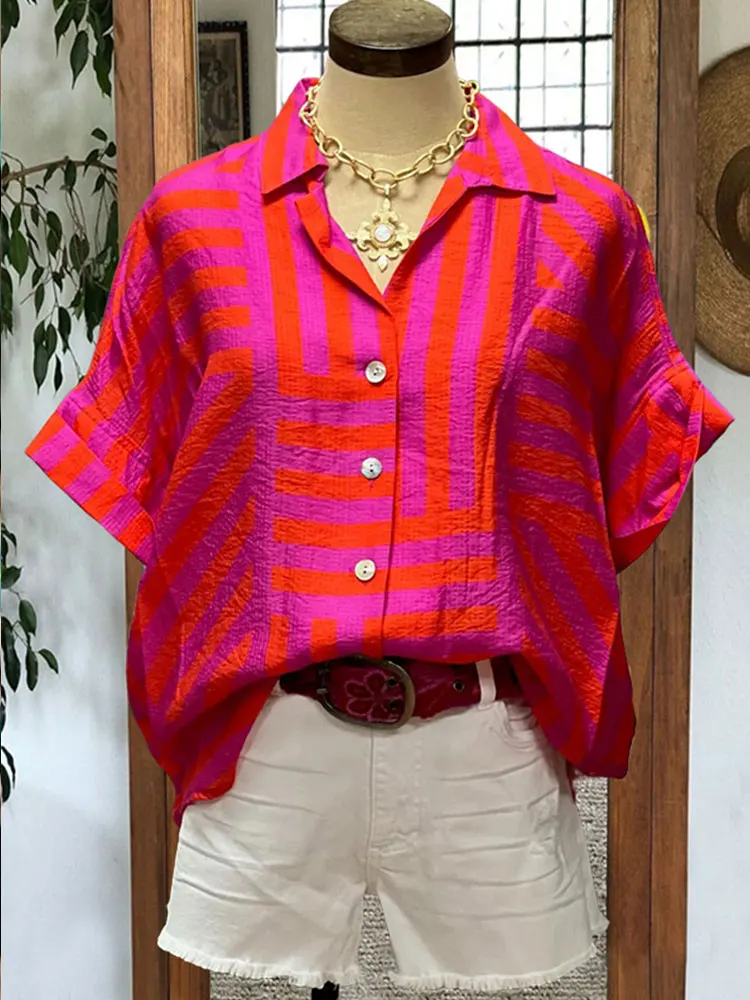 

Tribal Print Button Back Top Women Geometric Print Shirt Female Casual Puff Sleeve Blouse