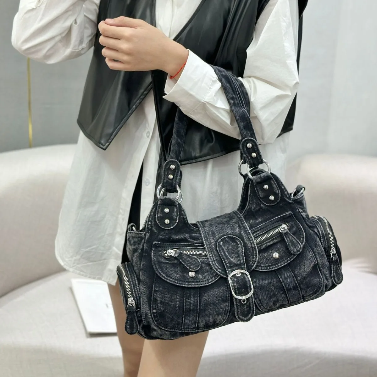 

2025 Fashion new style women's retro denim washed denim tote bag with large capacity handbag