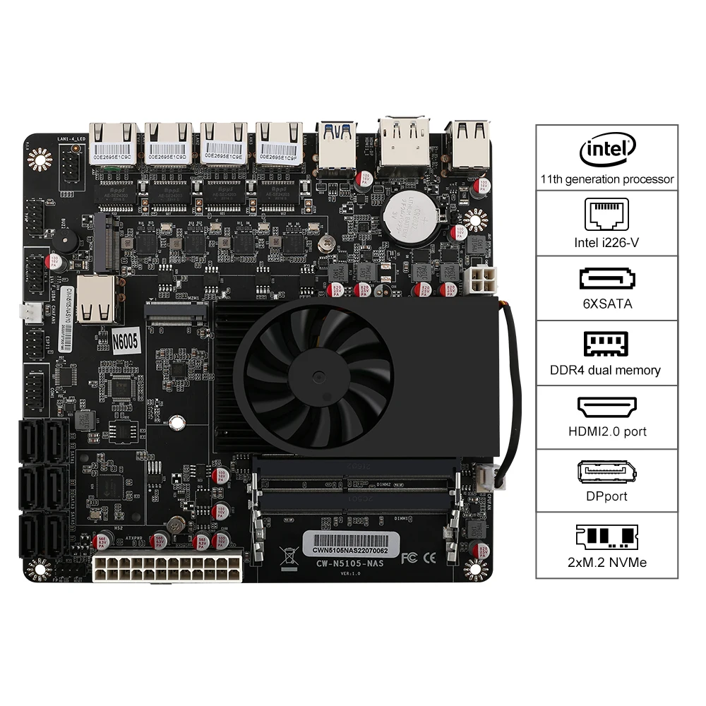 NAS Motherboard N5105/N6005 4x i226-V 2.5G Nics Dual M.2 NVMe Six SATA3.0 2*DDR4 HD-MI2.0 DP Mini ITX 17x17CM Soft Routing