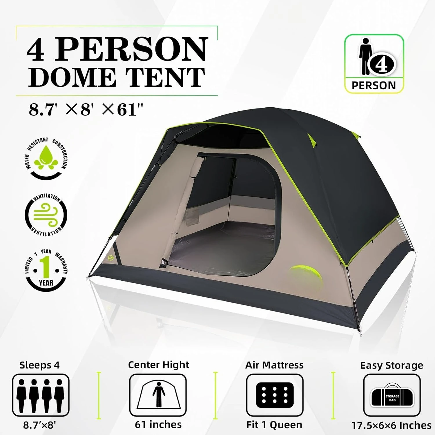 

Camping Tent, 4 Person Dome Tents for Camping with Rainfly, Waterproof Clip Easy Setup Portable Family Tent with Mesh Windows