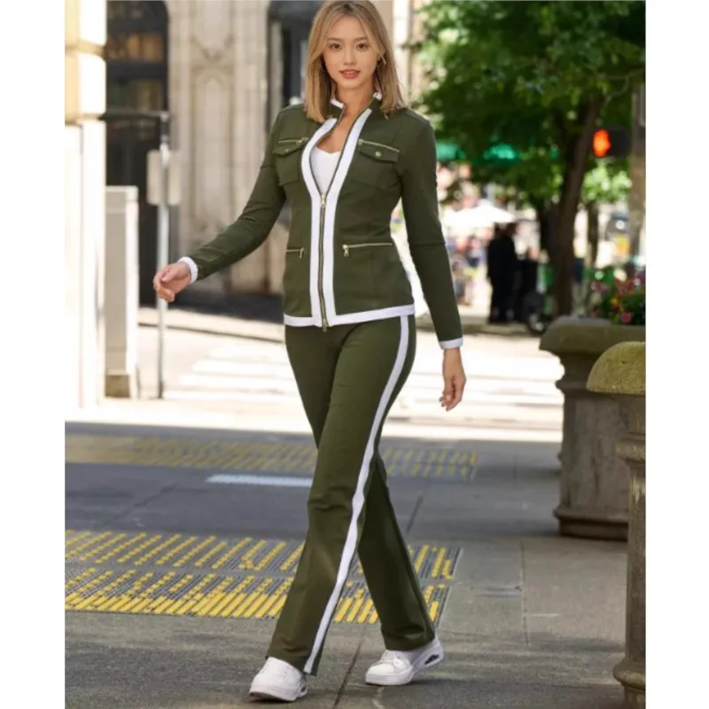 Spring Autumn New Fashion Two Pice Set Color Contrast Zipper Elegant Office Pencil Suits Women Casual Bodycon Pants Set Outfits