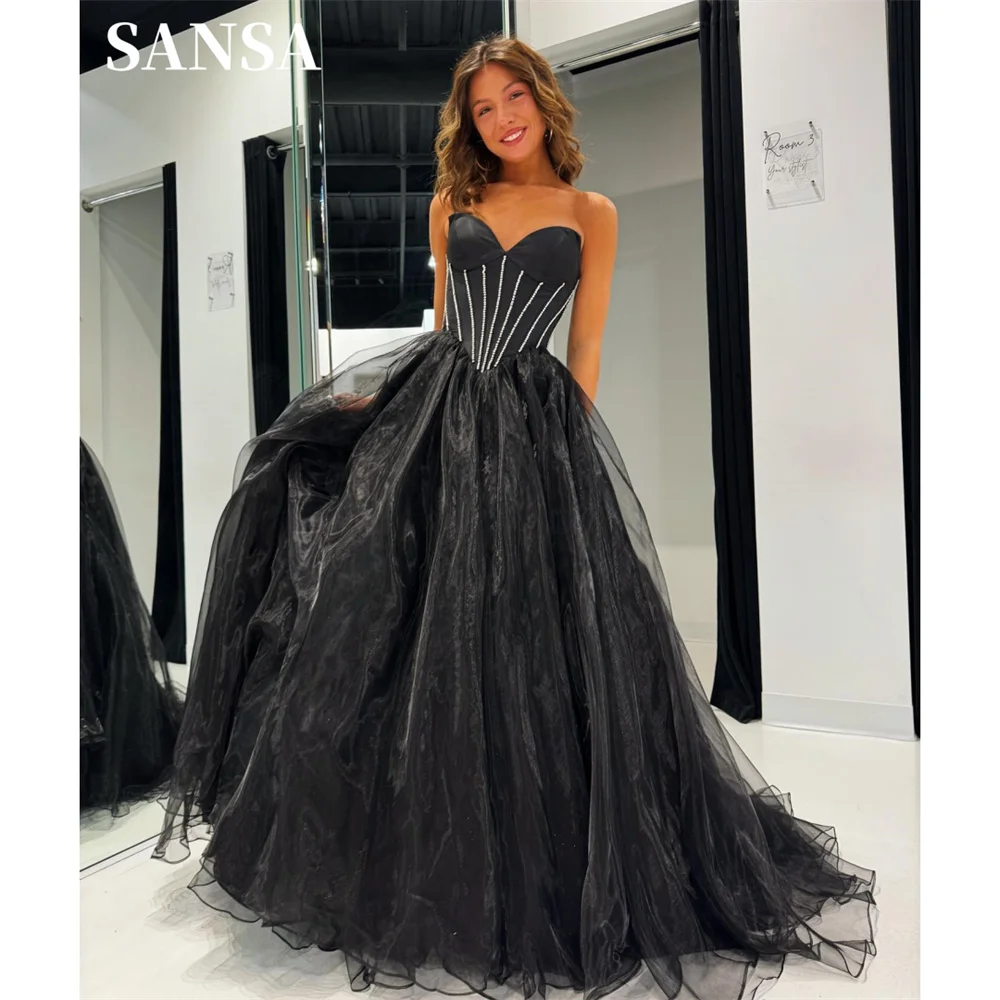 

Sansa Black Organza Prom Dresses Elegant Strapless Puffy Vestidos De Fiesta Sexy Sleeveless Sequins Fishbone Formal Evening