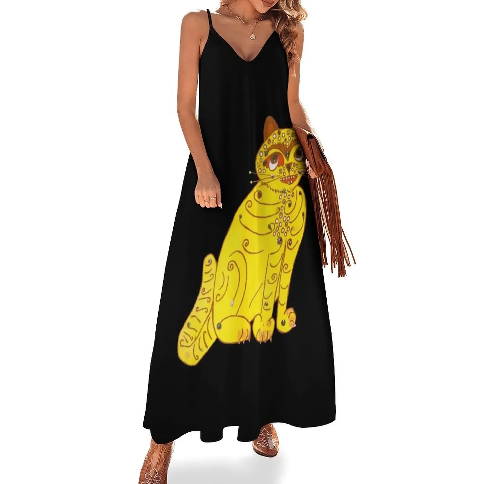 

Abba's Yellow Cat Sleeveless Dress Prom gown womans clothing Dress