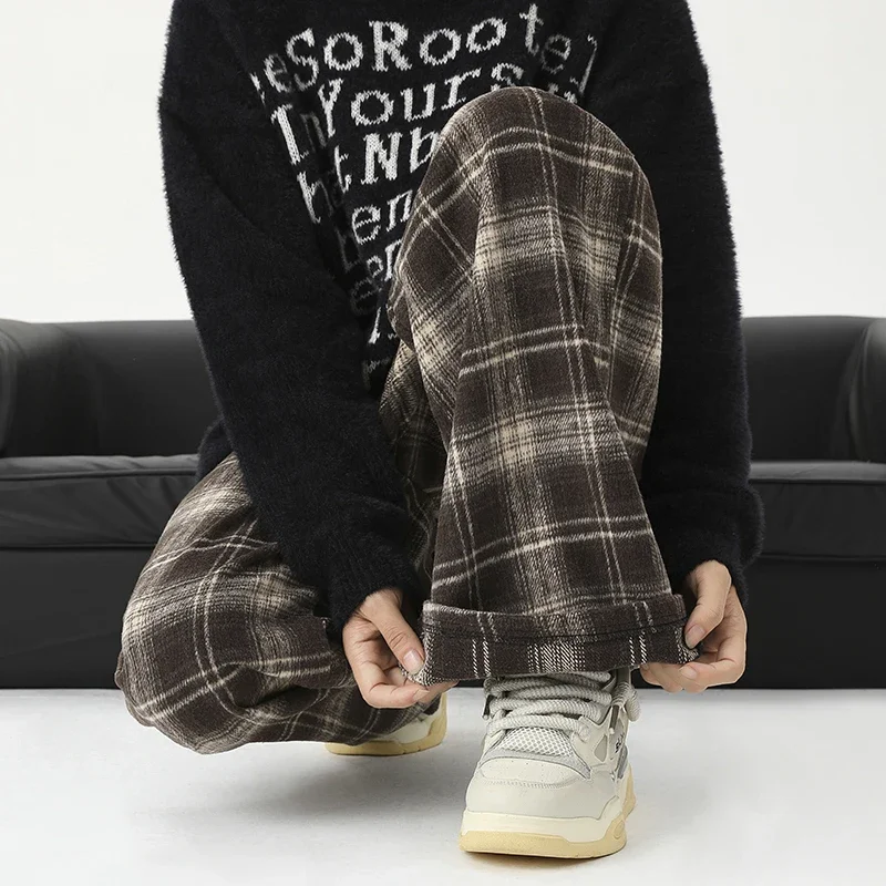 American Retro Checkered Casual Pants for Men Tide Wide Leg Casual Pants Hip-hop Streetwear Baggy Trousers