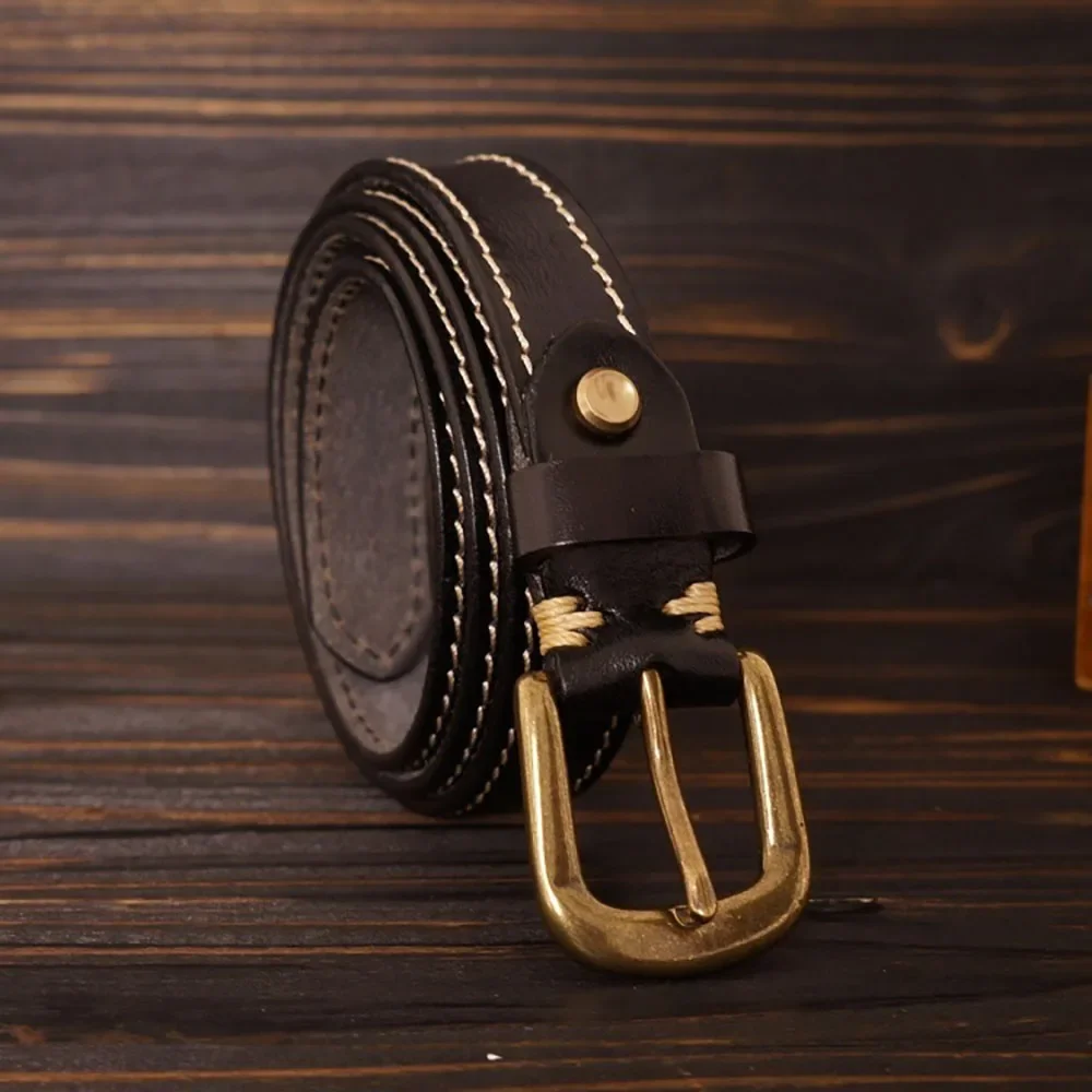 Genuine Leather Belt Artistic Sewing Embroidery Thread Retro Style Top Grain Cowhide Brass Buckle for Jeans 2.5cm Width