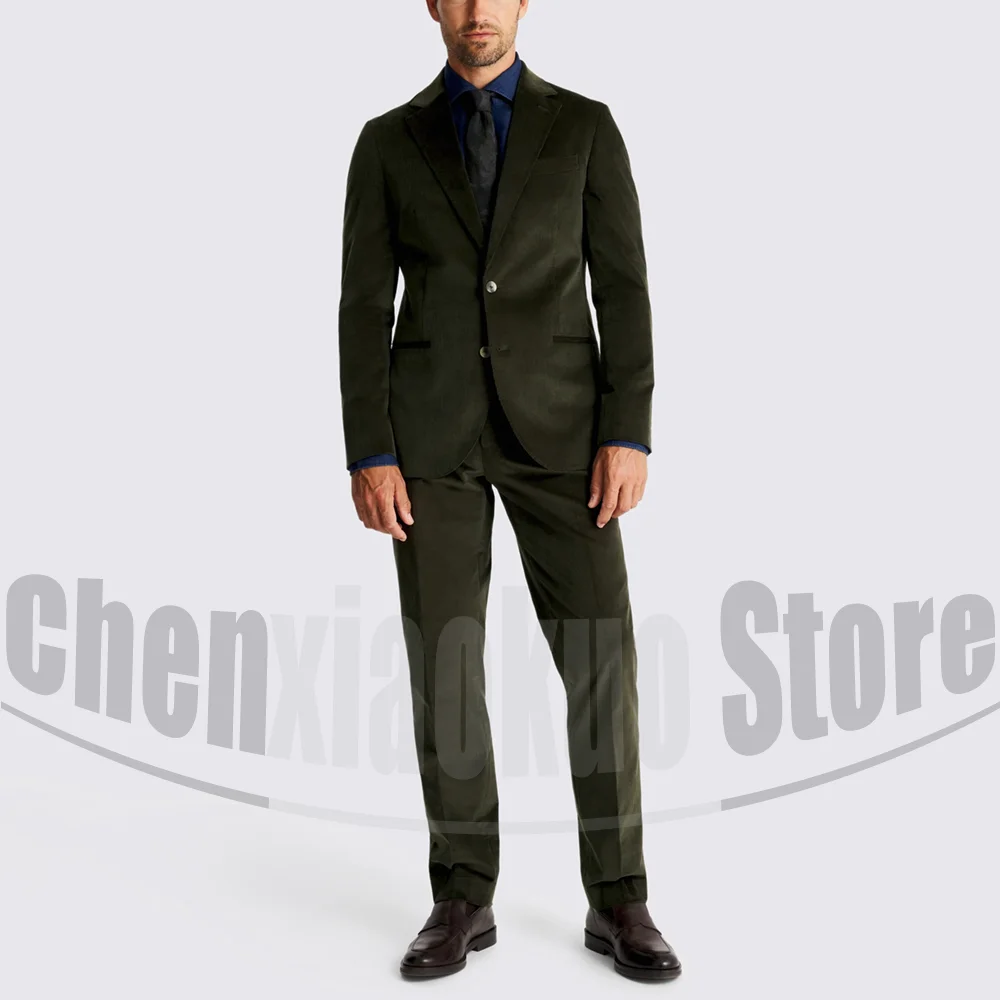 

Оливково-зеленые вельветовые мужские костюмы, шикарные однобортные приталенные деловые костюмы для свадебной вечеринки, модный костюм с лацканами с вырезом