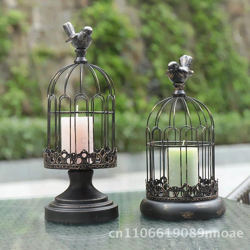 حامل شموع على شكل قفص العصافير المعدني القديم، زخارف ناعمة من الحديد، دعائم عشاء رومانسية على ضوء الشموع، خيارات صغيرة وكبيرة باللون الأسود والأبيض #1