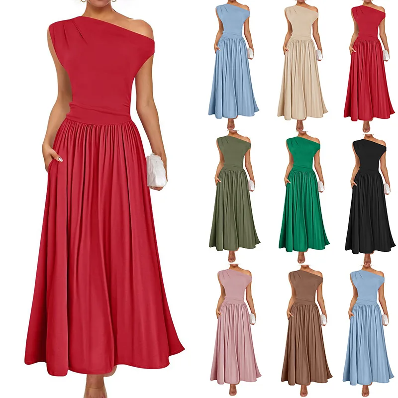 

New Women's Summer Off-Shoulder Sexy Waist-Fit Solid Long Pocket Dress