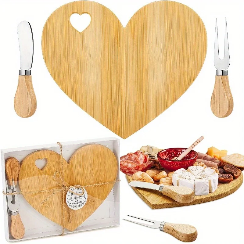 1 Set Favor Heart Cheese Board - Mini Charcuterie Board with Wooden Cheese Knives, Perfect for Bridal Showers, Weddings