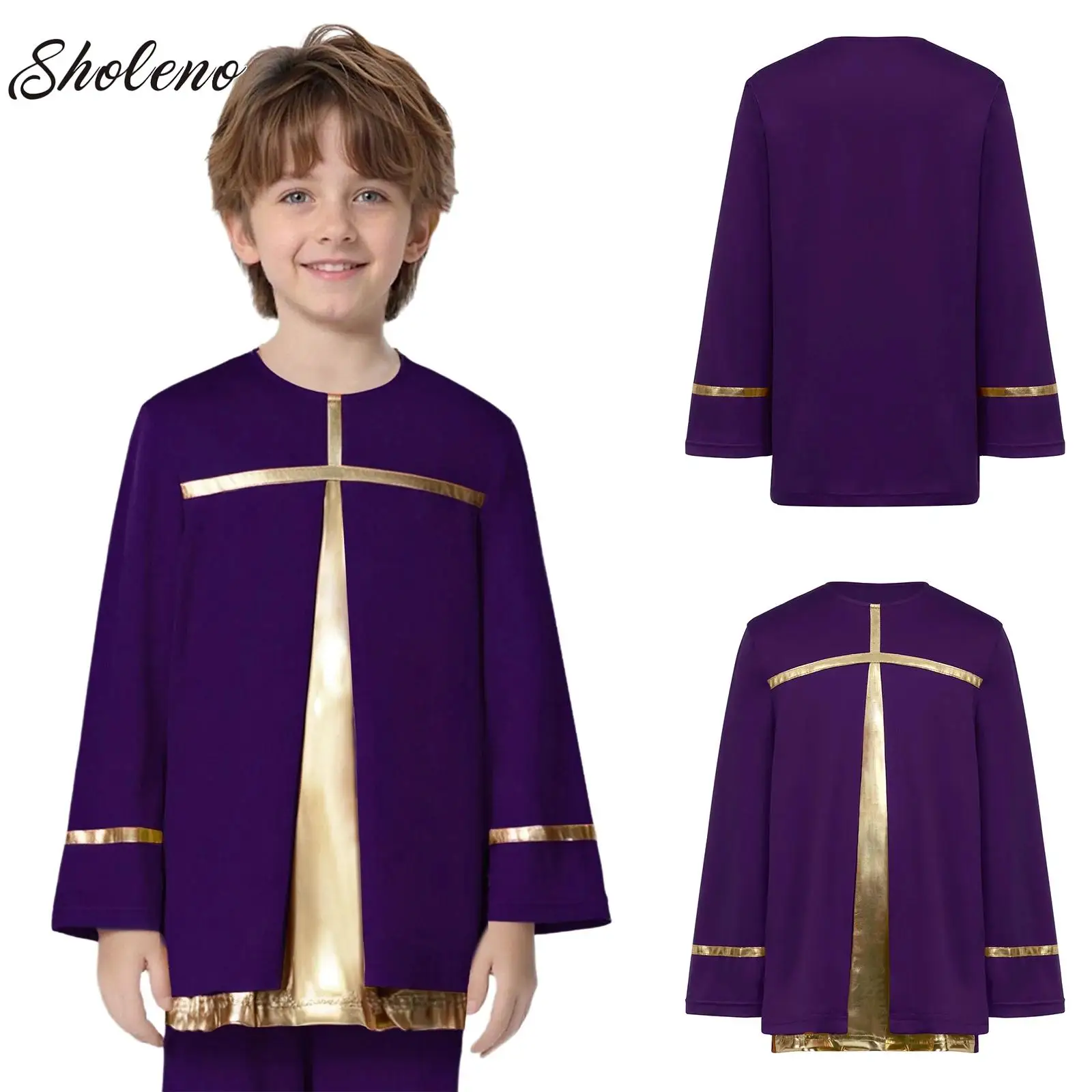 

Kid Boys Liturgical Praise Dance Top Metallic Shiny Cross Pullover Tunic Shirt for Choir Worship Lyrical Dance Stage Performance