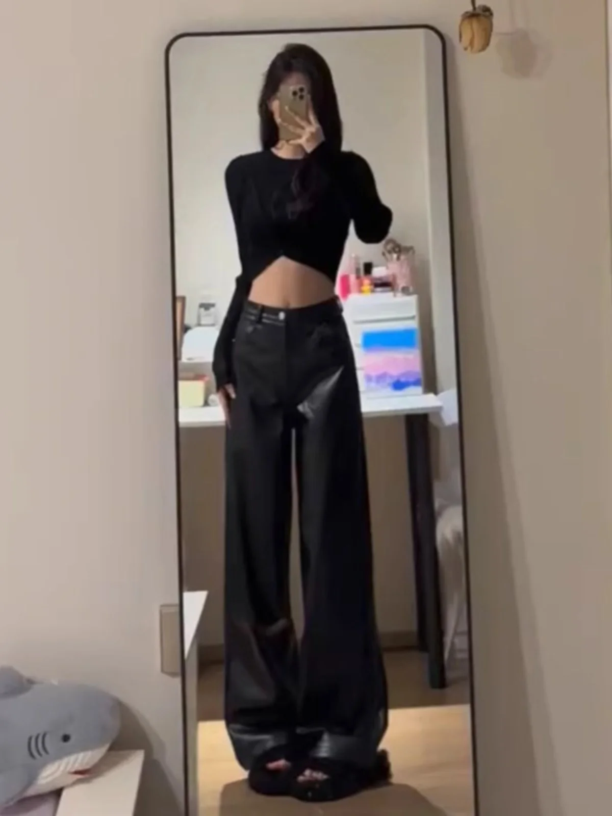 

Женские брюки из искусственной кожи с высокой талией, прямого кроя, в пол, в корейском стиле, больших размеров, модные, с широкими штанинами, для повседневной носки