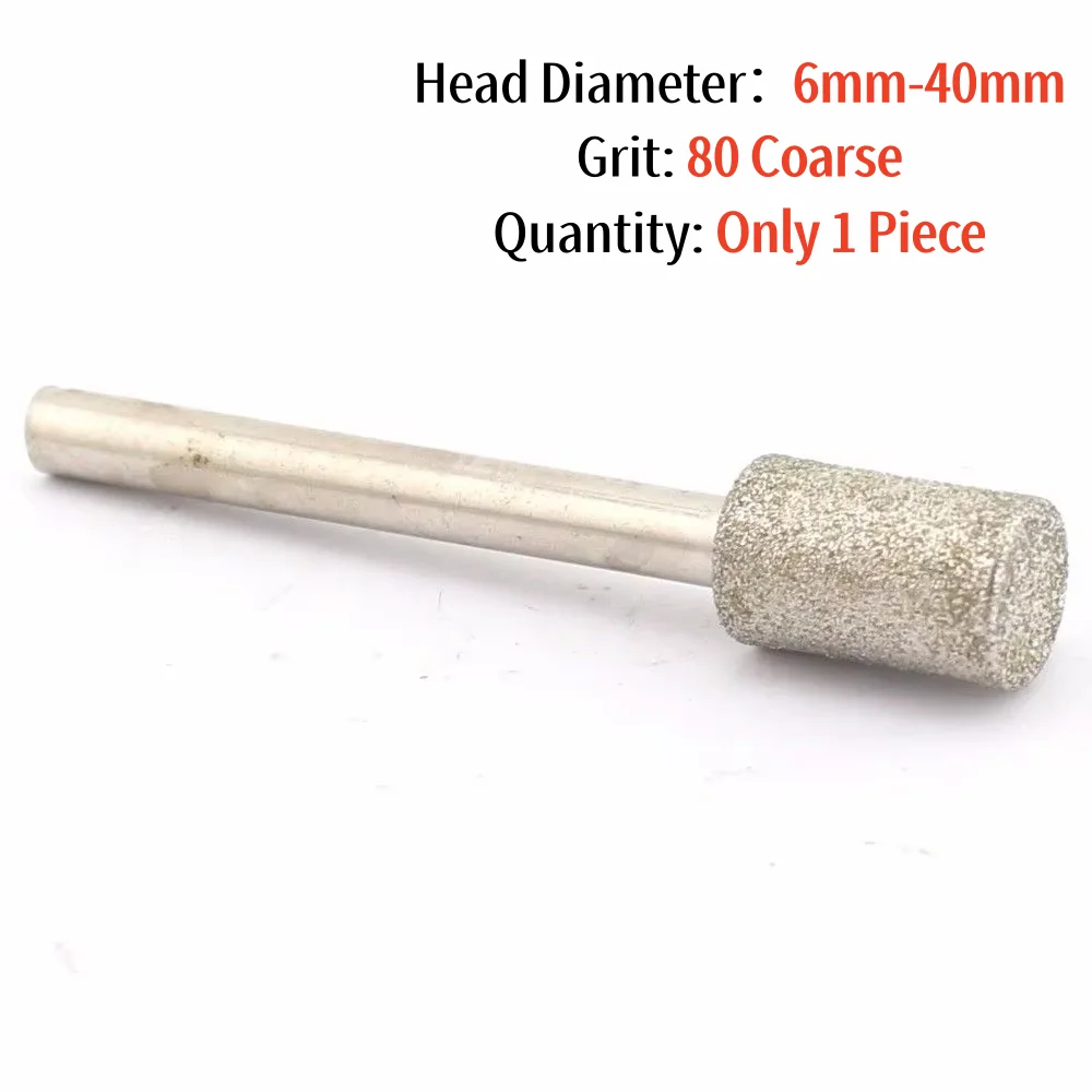 6-40mm Grit 80 Diamond Coated Cylinder Mounted Points Grinding Head 4-8mm Shank Tools for Jewelry Stone Glass Carving Lapidary