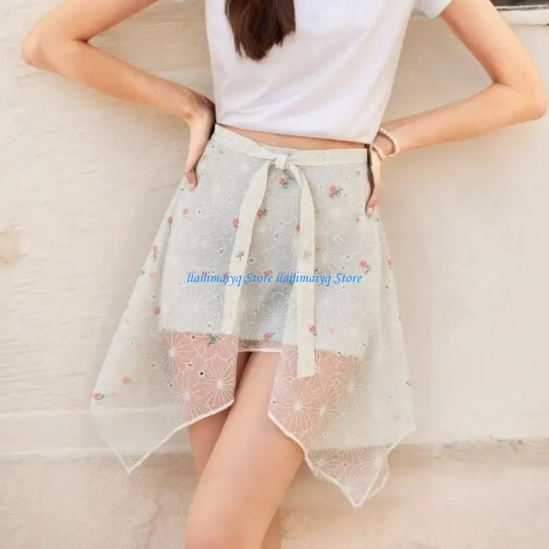 573B Women Layering Half Skirt Hip Scarf Elegant Embroidery Flower Hip Covering Underskirt Tie Waist A Line Mini Apron Skirt