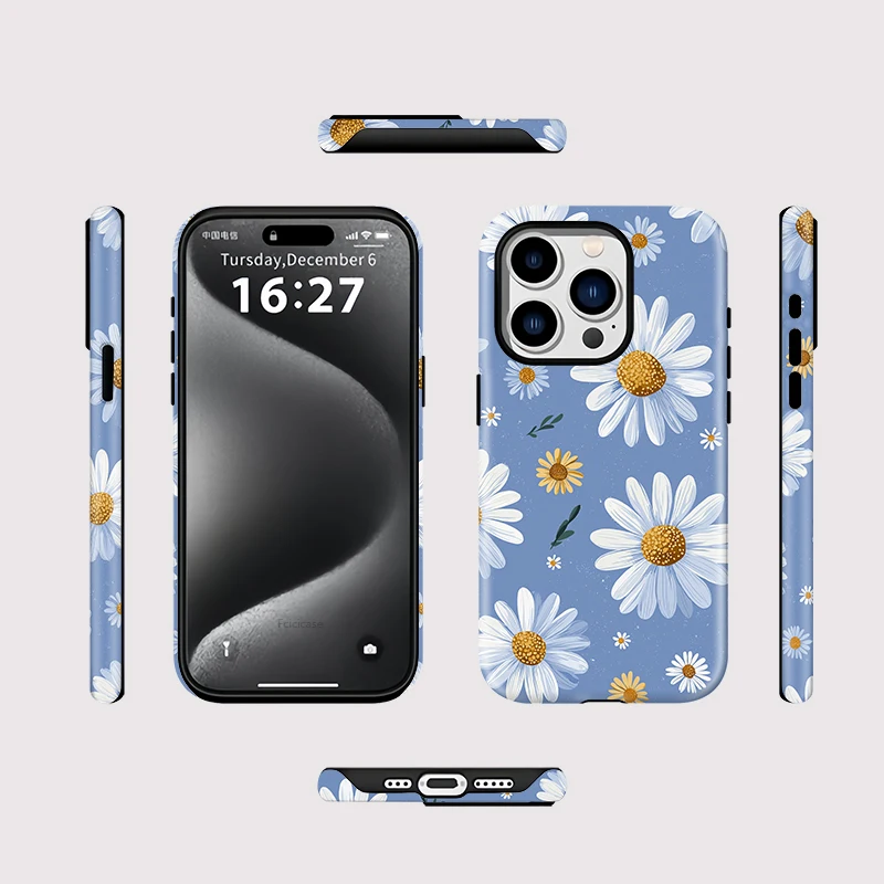 FCICICASE 럭셔리 데이지 꽃 무늬 아이폰 16 15 14 플러스 13 12 11 프로 맥스 충격 방지 2 in 1 마그네틱 PC TPU 케이스