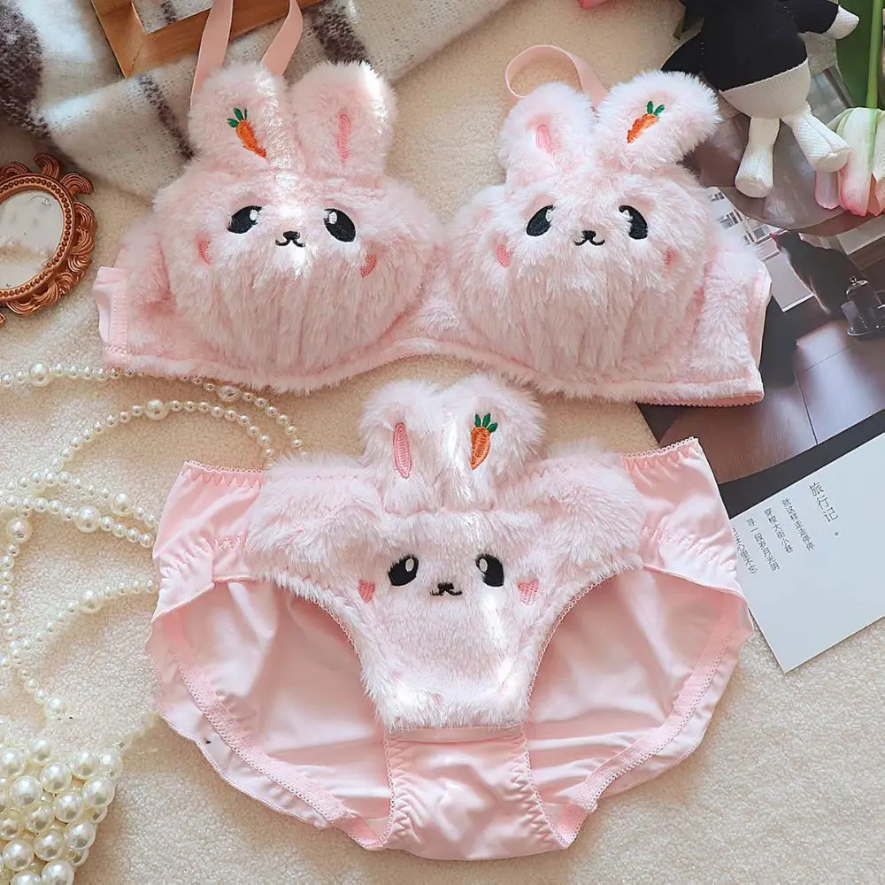 Moda orelhas de coelho de pelúcia sutiã sem fio plissado doce lingerie conjunto cintura baixa íntima feminina conjunto menina