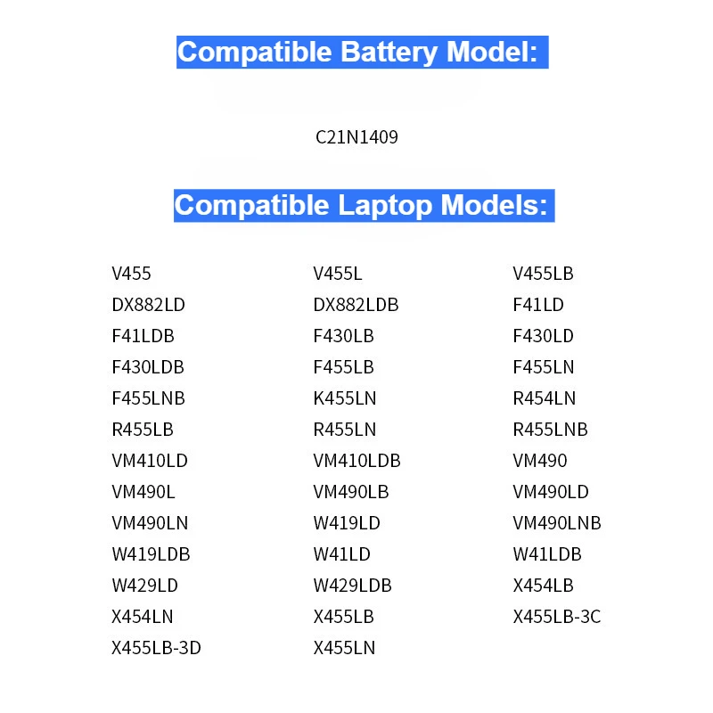 C21N1409 0B200-01130200 Laptop Battery for Asus A455LB A455LN K455LN R455LF X455LN F430LB F455LN R455LNB VM490LD X454LB Y483LD