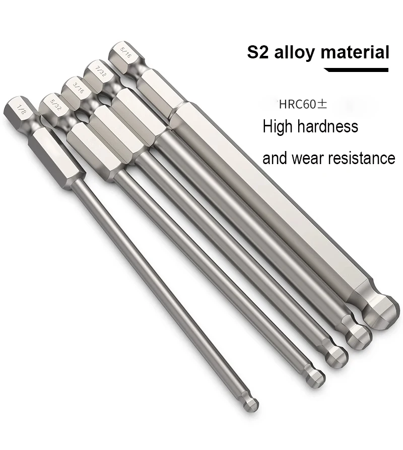 7pcs Inch size Ball end Hex Screwdriver Bits imperial Allen Ball Head Hexagenal Bit 100mm Long 5/64 3/32 1/8 5/32 3/16 7/32 5/16