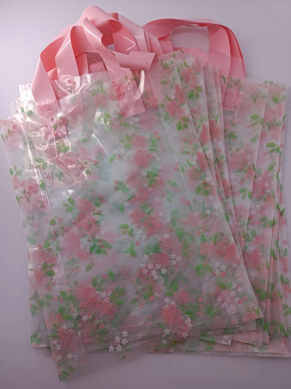 Vertical style plastic transparent rose packaging bag for clothing,shoes PE poly shopping carrier shopping mall fashion Tote bag