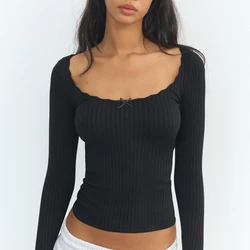 Women's Y2K Vintage Slim Fit T-shirt Long Sleeve Lace Trim Square Neck Bowknot Decor Ribbed Cropped Tops Streetwear