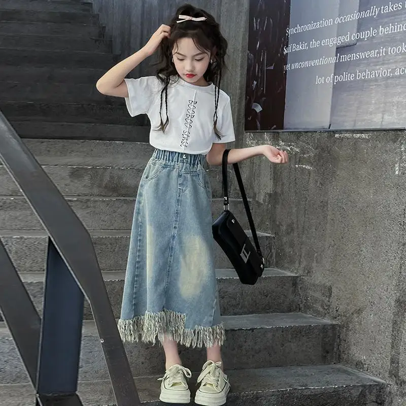 

Girls Denim Skirt Summer New Children's Fashionable Skirt Western Style Children's Long Tassel Skirt (only Skirt)