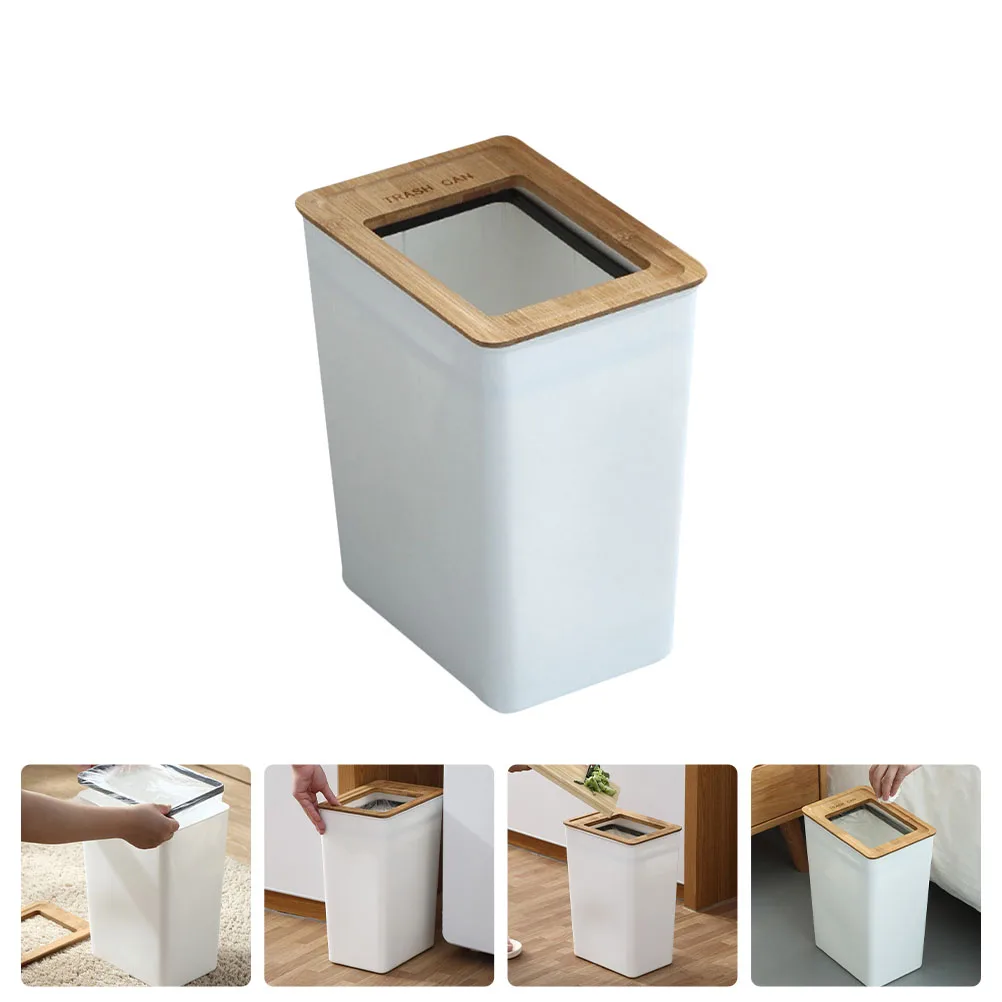 

Wastebasket Bamboo Lid Trash Can Office Bin Rubbish Wooden Garbage for Bathroom