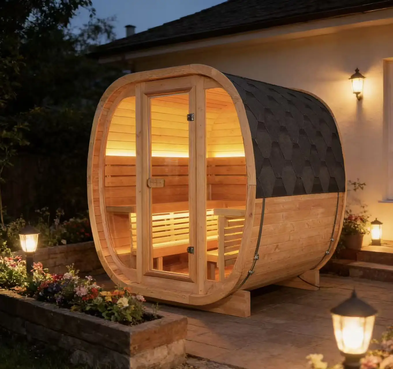 Excellent Value Handcrafted Cubic Redwood Sauna Durable Family Size Outdoor Wooden Room For Organic Wellness Spa
