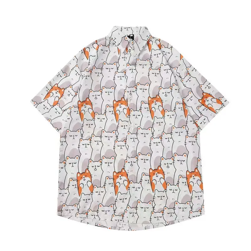 Casual Men's Shirts Anime Cat Graphic Shirts for Men Summer Oversized Short Sleeve Tops Harajuku Blouse Women Streetwear 2025