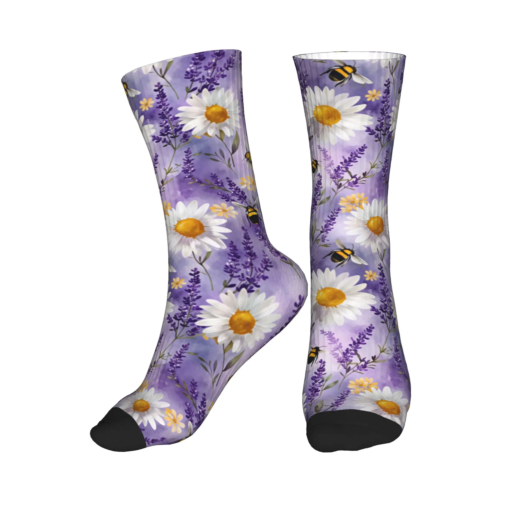 Harajuku Bee Lavender Daisy Watercolor Socks Women Men Warm 3D Printed  Sports Basketball Socks