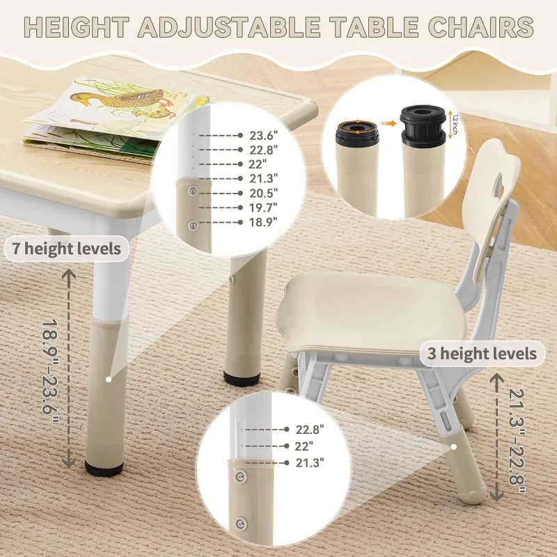 Kids Study Table and Chairs Set, Height Adjustable Toddler Table and Chair Set for Kids Ages 3-8,  Graffiti Desktop Plastic