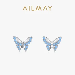 Ailmay 925 Sterling Silver Elegant Romantic Blue Zirconia Butterfly Stud Earrings For Women Wedding Engagement Fine Jewelry Gift
