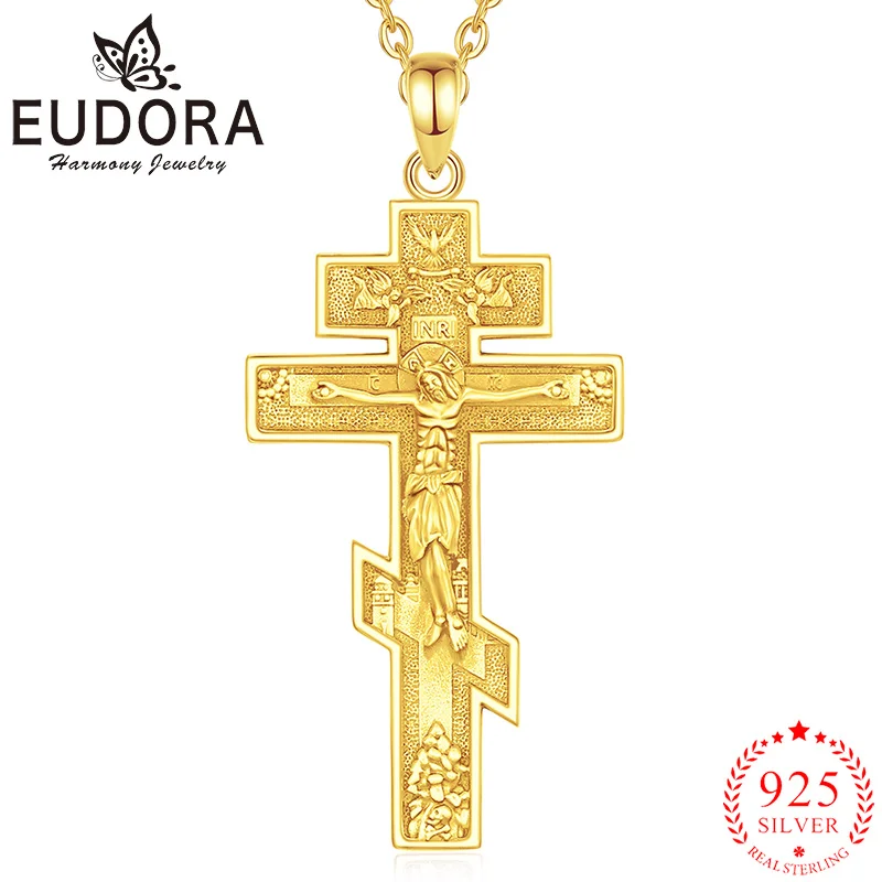 

Eudora Orthodox Cross Necklace 925 Sterling Silver Plated 18K Gold Jesus Pendant Christian Amulet Jewelry Gift for Men Women