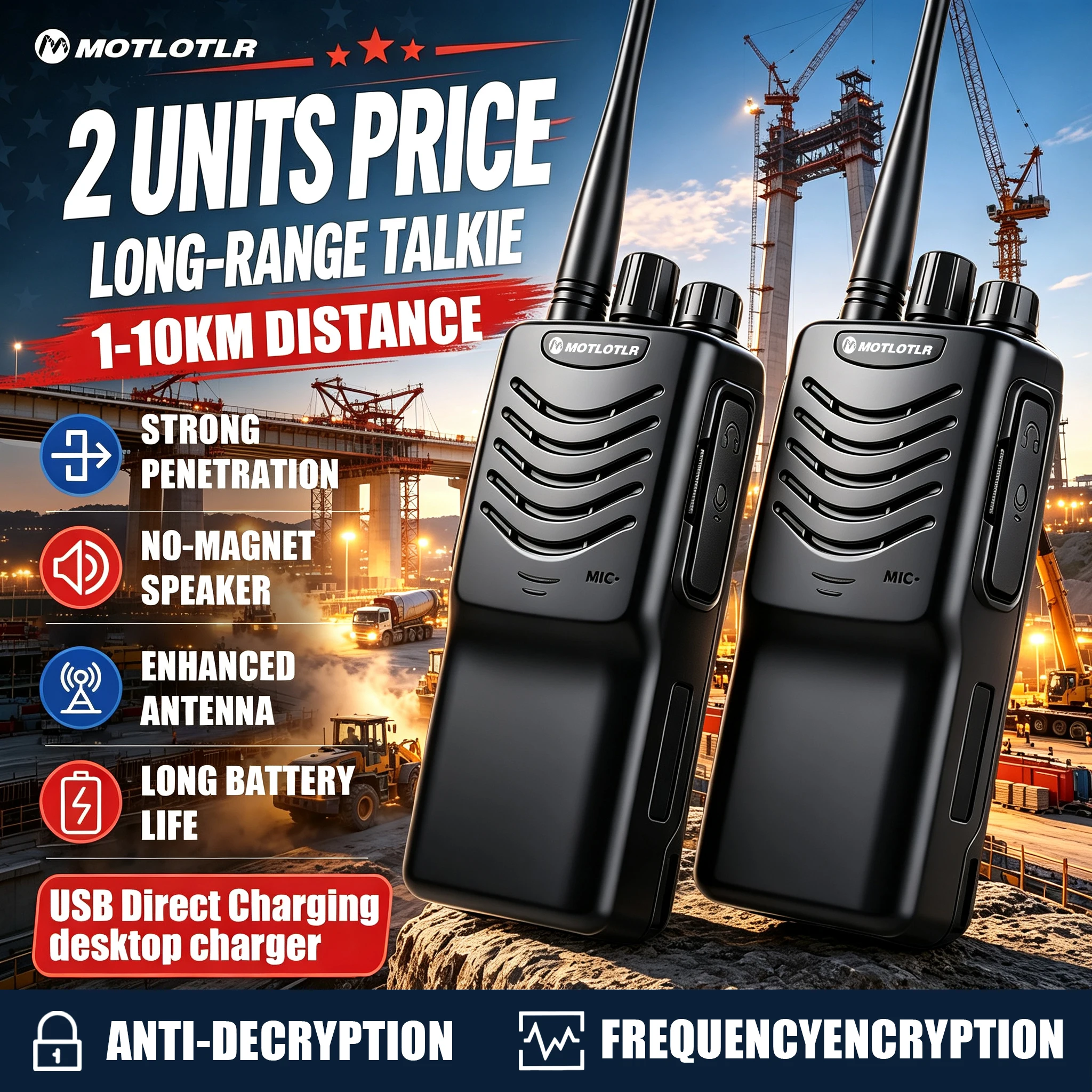 2台セット-motlotlr-トランシーバー-双方向無線機-uhf-400-480mhz-5w-16ch-1500mah-長距離通信-建設現場・セキュリティ・アウトドア用