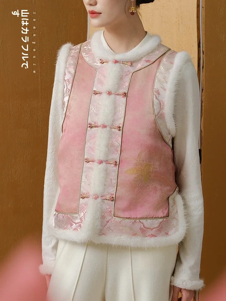 

Новая китайская розовая хлопковая жилетка в этническом стиле для женщин, зимняя модная верхняя одежда