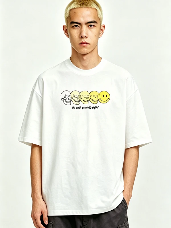 American Gradient Skeleton Happy Face Creative Print Heavyweight Pure Cotton Oversize Loose Couple Short Sleeve T-Shirt Summer