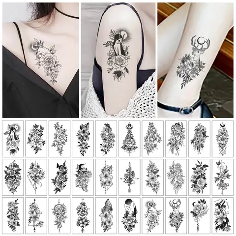 30 stks Tijdelijke Tattoo Sticker maan ster Engels duivel bloem schets Waterdichte Fake Tattoo Flash Tattoo voor Mannen Vrouwen meisjes