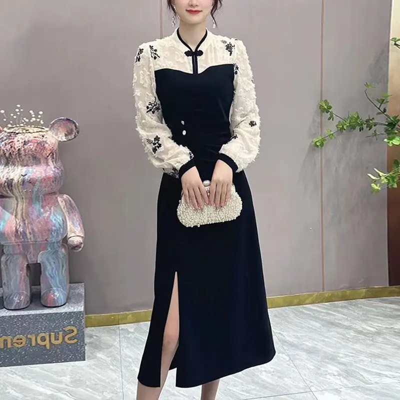 Spring Autumn Broken Flowers Midi Dress Stylish Stand Collar Chinese Disc Buckle Women\'s Vintage Spliced Folds A-Line Dresses