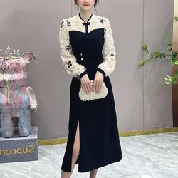 Spring Autumn Broken Flowers Midi Dress Stylish Stand Collar Chinese Disc Buckle Women's Vintage Spliced Folds A-Line Dresses