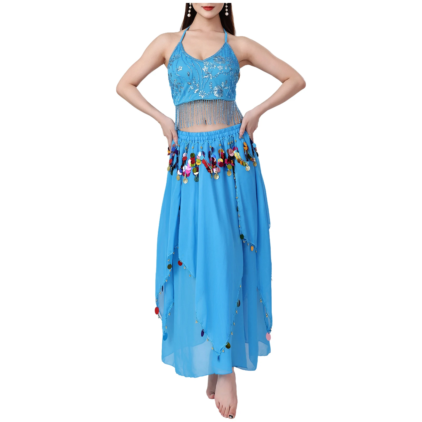 Womens buikdans kostuum franje geborduurde kant-up crop top en onregelmatige zoom chiffon rok lyrische buik moderne dans outfit