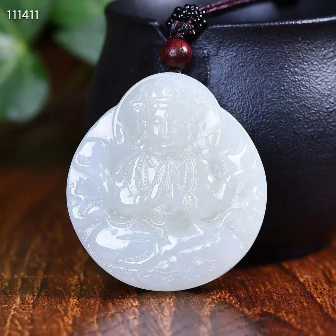 

Natural 100% real white hetian jade carve guanyin Bless peace Attracting Wealth pendant jewellery for men women gifts luck