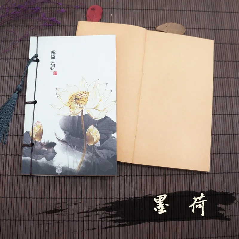 Chinese Style Lotus Vintage Notebook with Tassel Blank Kraft Portable Craft Blank Mini Notebook Notepad