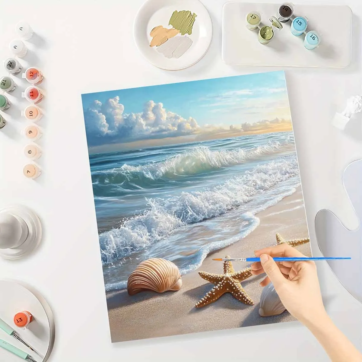 1 Set Complete Beach Themed Oil Painting Kit for Adults & Beginners - 16x20 Inch Pre-Printed Sea Shells & Beach Scenes Canvas/Pa