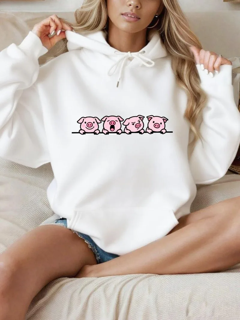 سويت شيرت نسائي بقلنسوة فضفاض مناسب للزوجين مطبوع عليه رسوم كرتونية لطيفة على شكل خنزير صغير كاجوال للخريف والشتاء